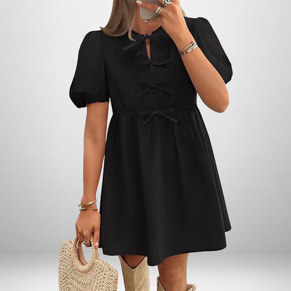 Vestido Corto Con Mangas Abullonadas Y Detalle De Lazo Para Mujer | Ideal Para Uso Diario Y Eventos