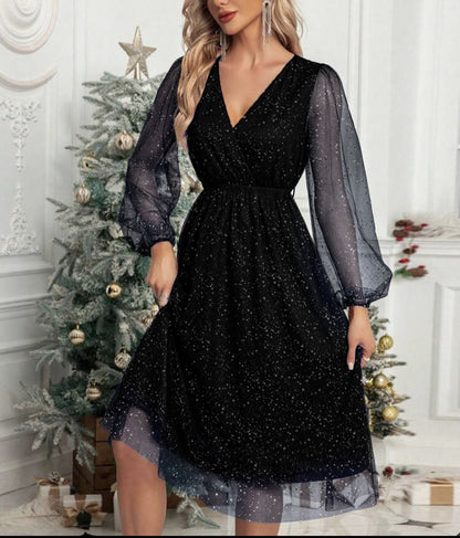 Vestido Midi con Cuello en V y Mangas Abullonadas Transparentes para Mujer | Ideal para Eventos y Recepciones