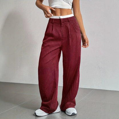 Pantalón De Pierna Ancha Con Rayas Verticales Y Cintura Elástica Para Mujer | Ideal Para Uso Diario Y Actividades Informales