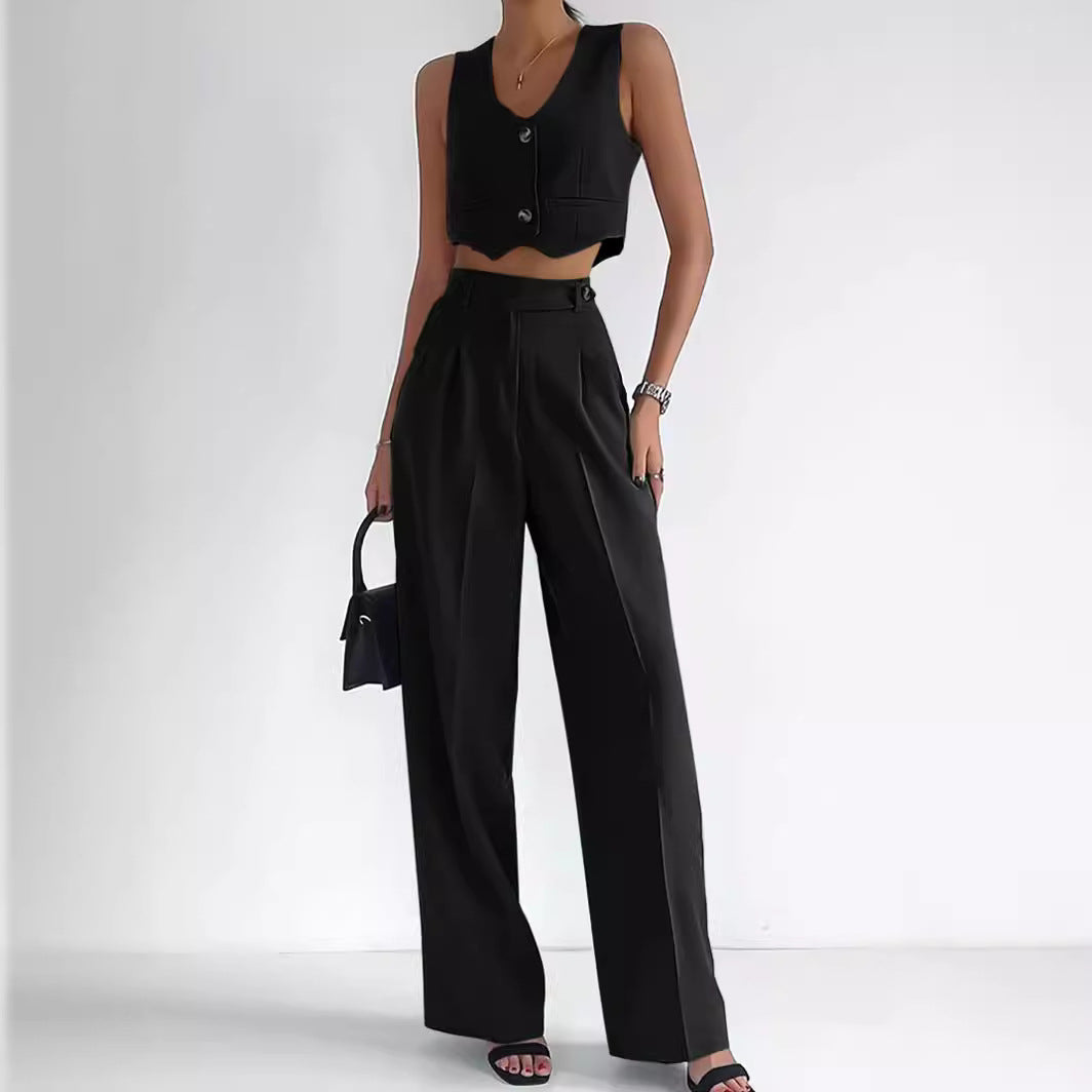 Conjunto De Dos Piezas Con Gilet Corto Abotonado Y Pantalón De Cintura Alta Para Mujer | Ideal Para Uso Diario