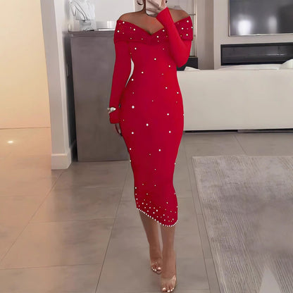 Vestido Midi con Escote Off-Shoulder y Corte Ajustado para Mujer | Ideal para Recepciones y Eventos