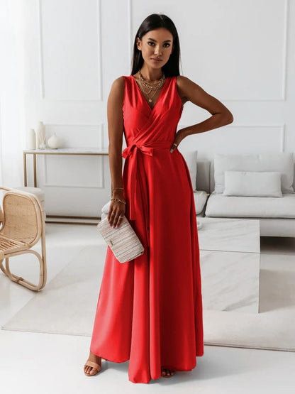 Vestido Largo Cruzado Con Cinturón Para Mujer | Ideal Para Uso En Eventos Formales Y De Día