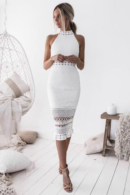 Vestido Midi Slim Fit con Escote Halter y Detalles Transparentes Para Mujer | Ideal Para Ocasiones Festivas y Salidas Planificadas