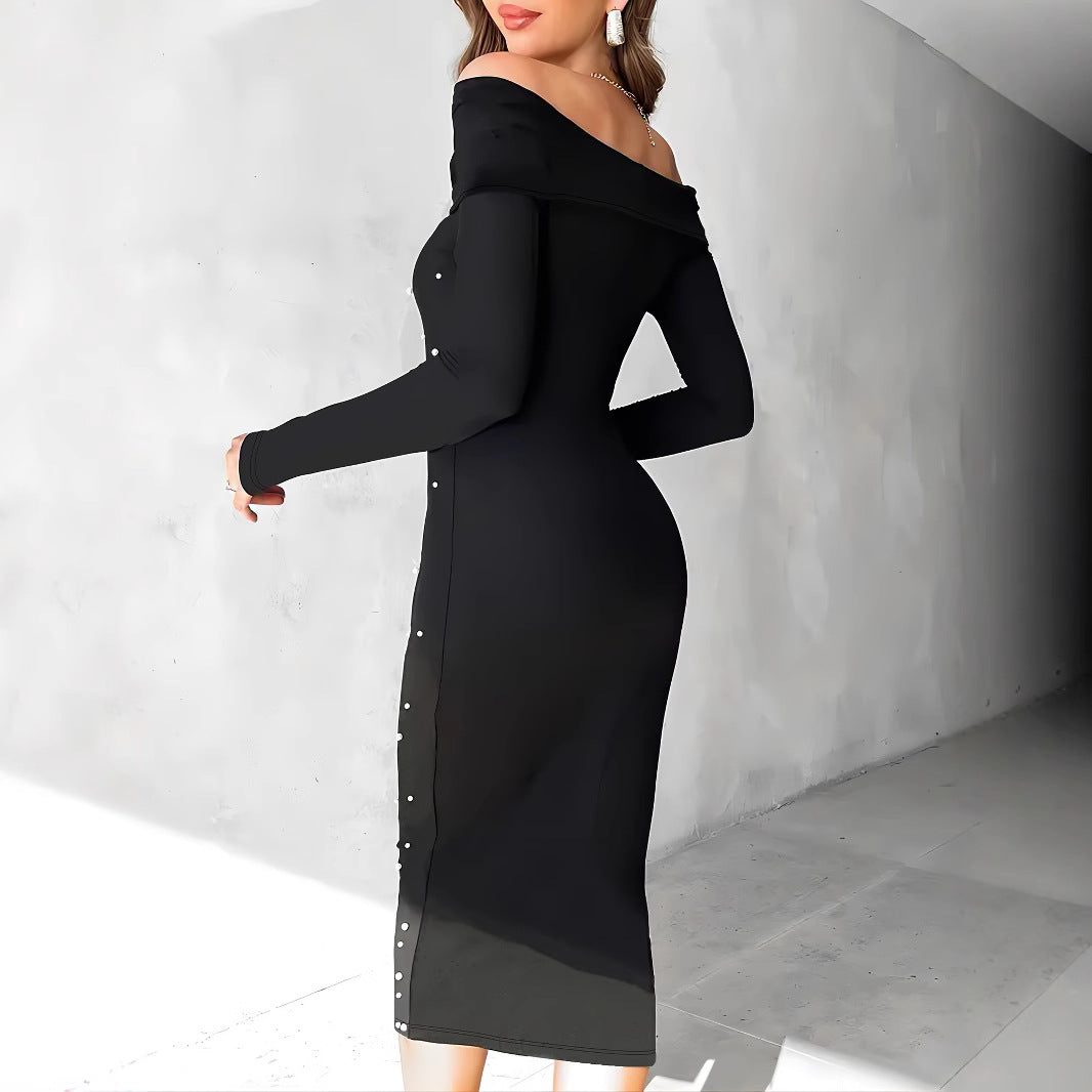 Vestido Midi con Escote Off-Shoulder y Corte Ajustado para Mujer | Ideal para Recepciones y Eventos