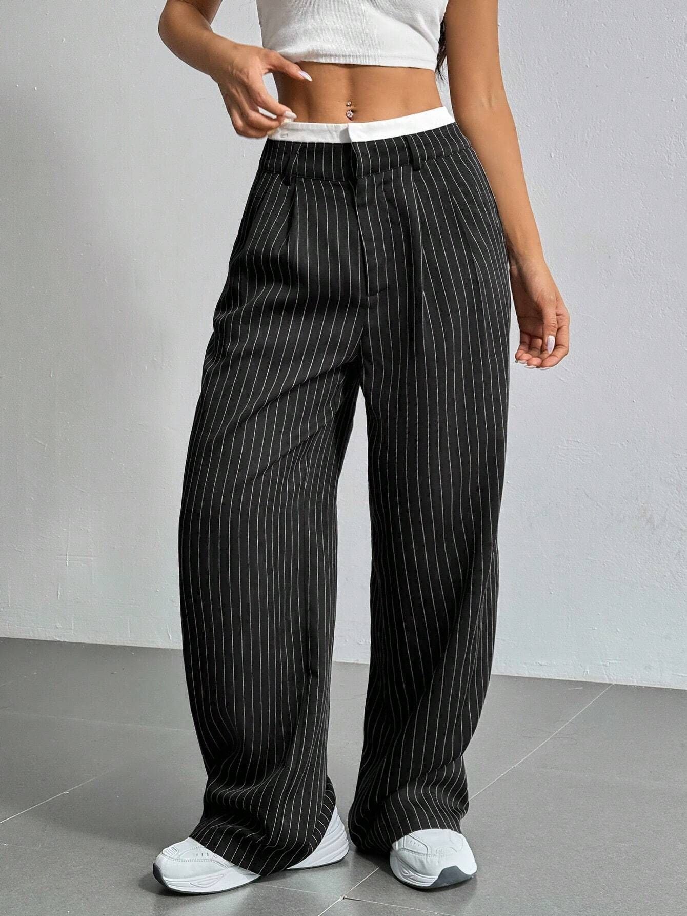 Pantalón Ancho con Rayas Verticales y Cintura Elástica para Mujer | Ideal para Uso Diario o Salidas Informales