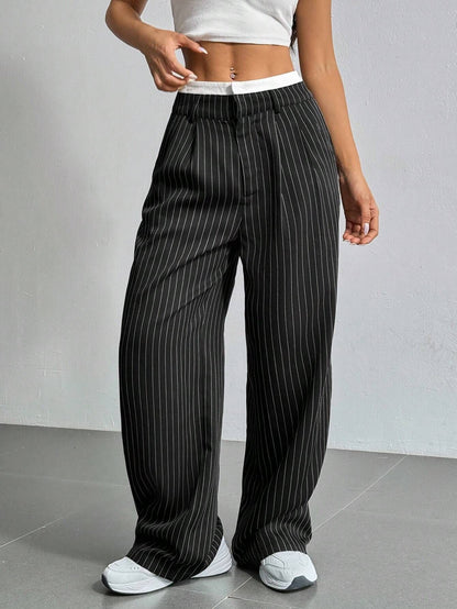 Pantalón Ancho con Rayas Verticales y Cintura Elástica para Mujer | Ideal para Uso Diario o Salidas Informales