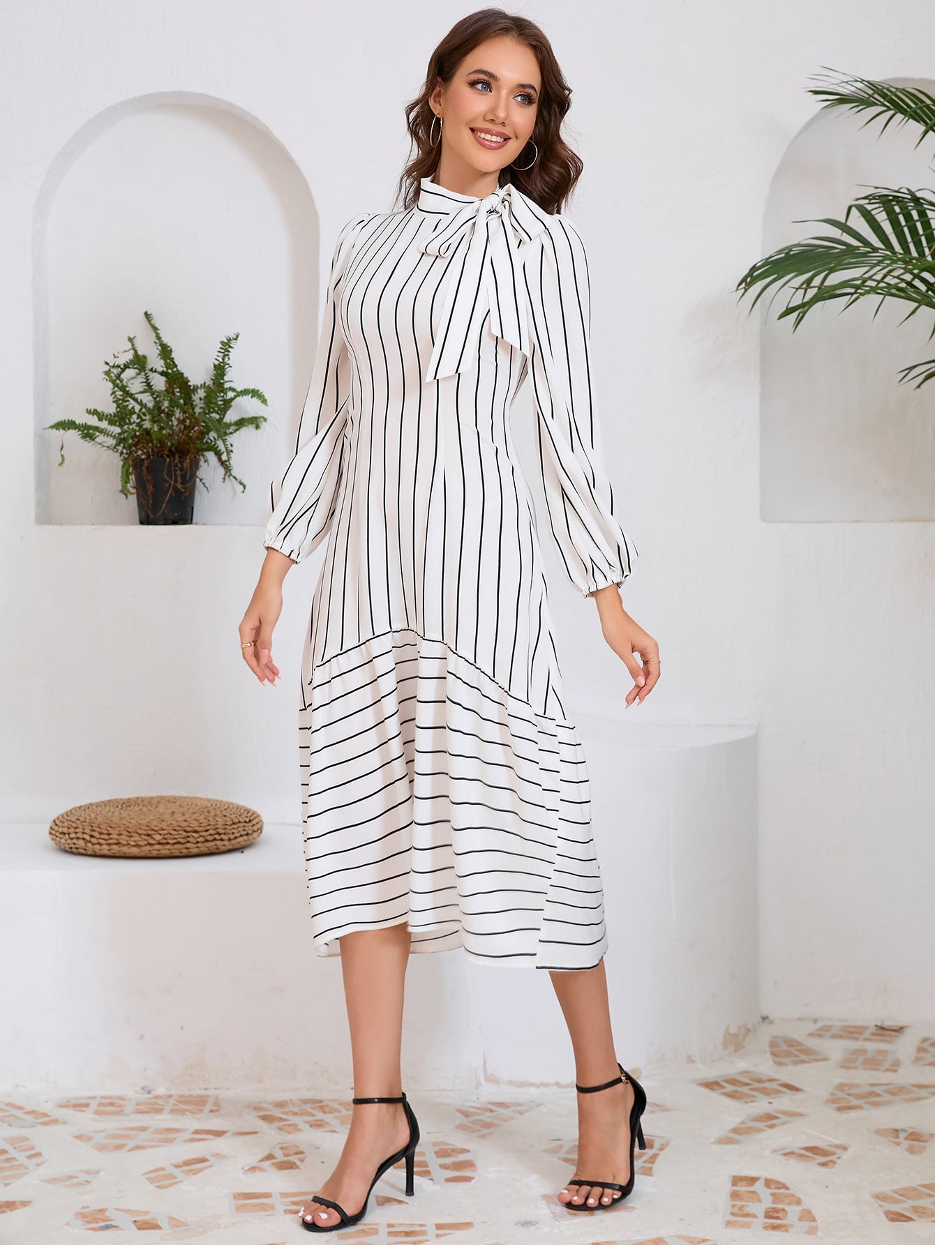 Vestido Midi Con Detalle De Lazo En El Cuello Y Manga Larga Para Mujer | Ideal Para Salidas Y Eventos