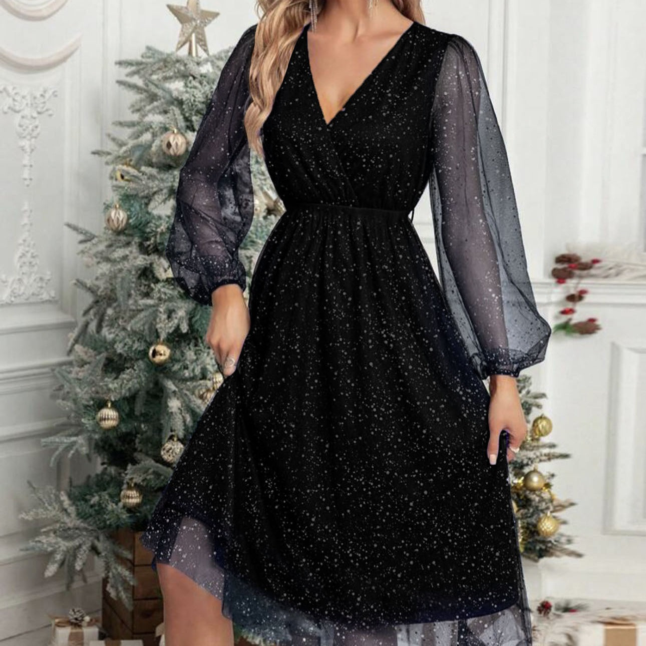 Vestido Midi con Cuello en V y Mangas Abullonadas Transparentes para Mujer | Ideal para Eventos y Recepciones