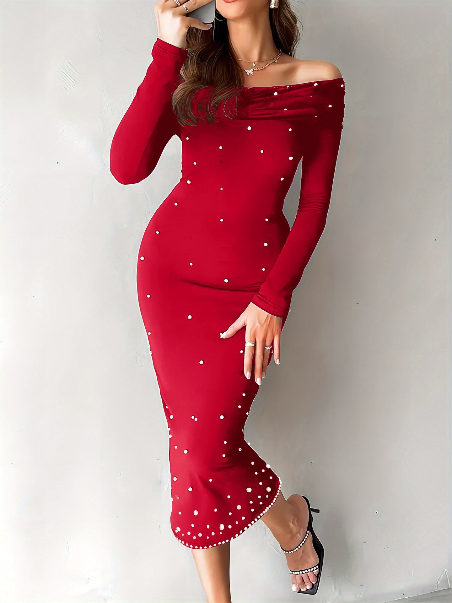 Vestido Midi con Escote Off-Shoulder y Corte Ajustado para Mujer | Ideal para Recepciones y Eventos