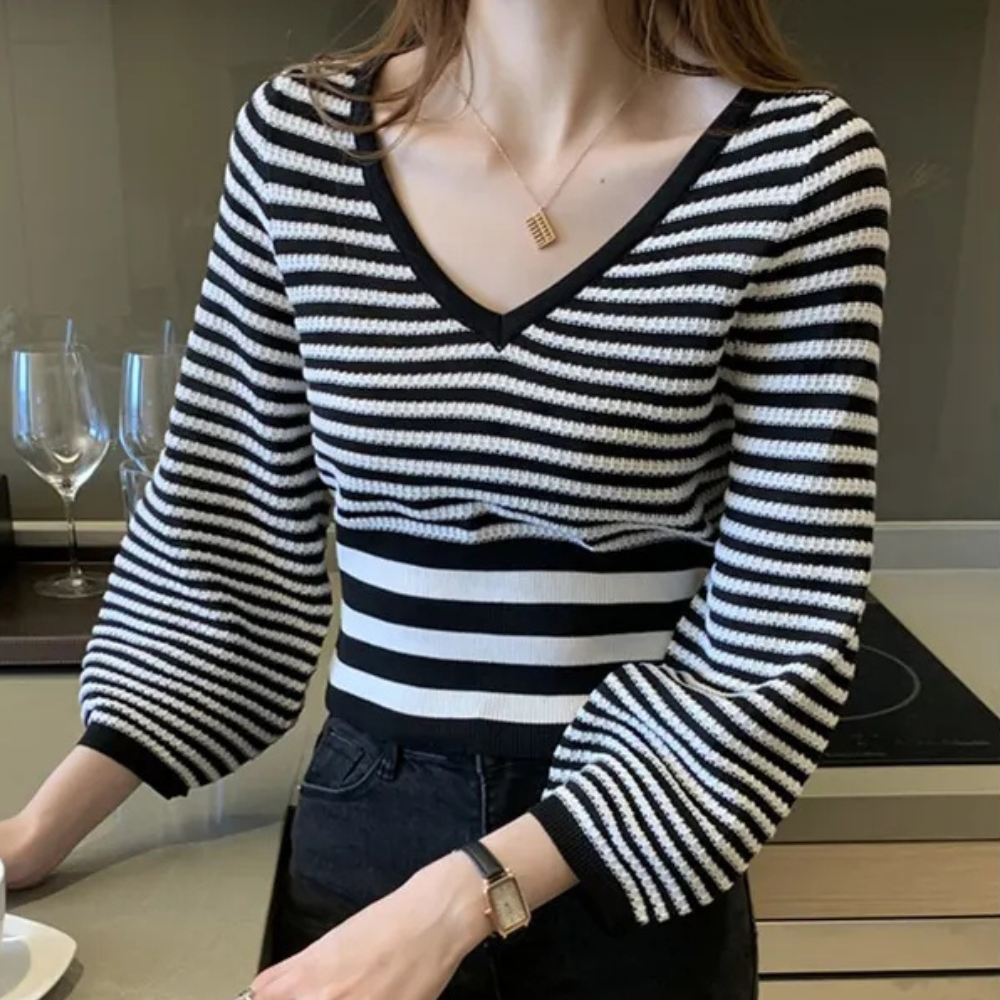 Jersey de Mujer con Cuello en V y Mangas Abullonadas | Ideal para Uso Diario