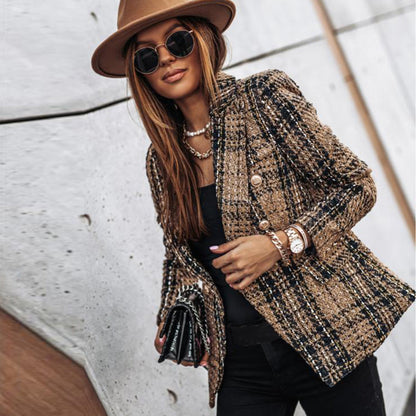 Blazer Entallado Con Doble Botón Y Motivo A Cuadros Para Mujer | Ideal Para Oficina O Uso Diario