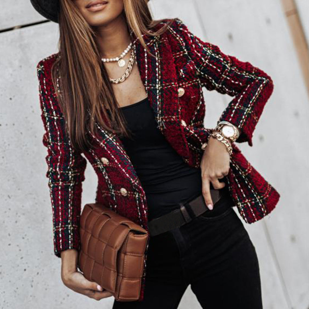 Blazer Entallado Con Doble Botón Y Motivo A Cuadros Para Mujer | Ideal Para Oficina O Uso Diario