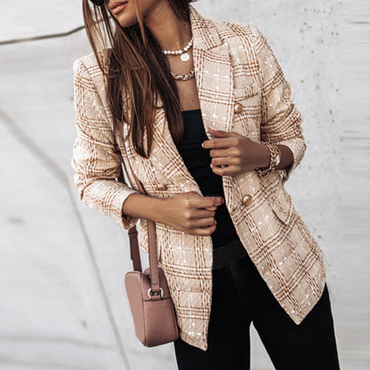 Blazer Entallado Con Doble Botón Y Motivo A Cuadros Para Mujer | Ideal Para Oficina O Uso Diario