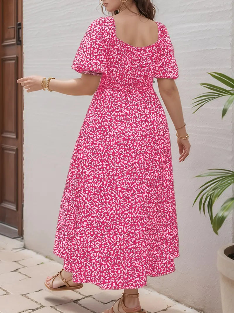 Vestido Midi Evasé Con Cuello Cuadrado Y Motivo Floral Para Mujer | Ideal Para Uso Veraniego Informal