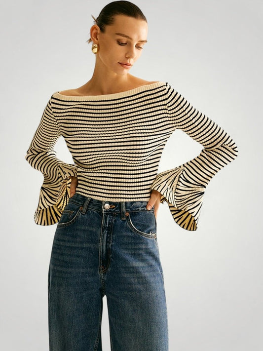 Jersey de Punto con Hombros Descubiertos y Volantes para Mujer | Ideal para Uso Diario