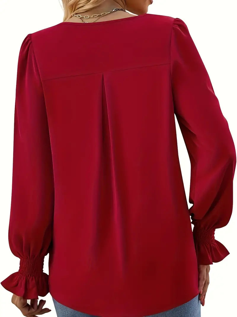 Blusa Con Escote En V Y Mangas Abullonadas Para Mujer | Ideal Para Uso Diario Y Ocasiones Semi-Formales