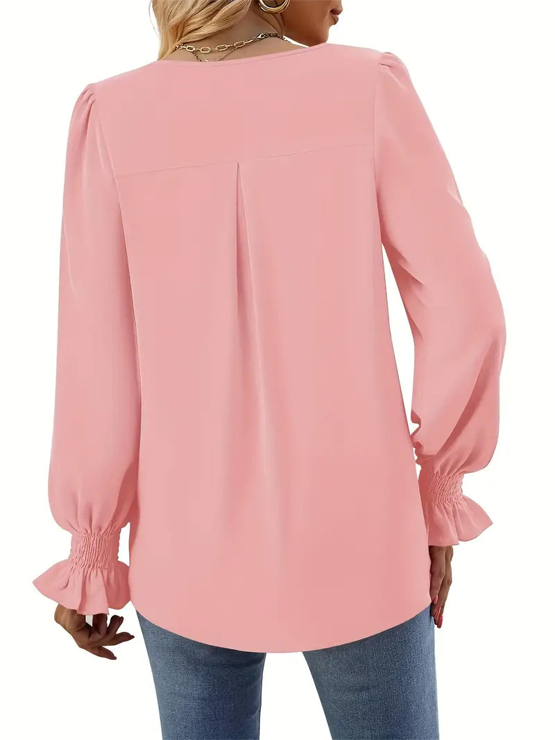 Blusa Con Escote En V Y Mangas Abullonadas Para Mujer | Ideal Para Uso Diario Y Ocasiones Semi-Formales