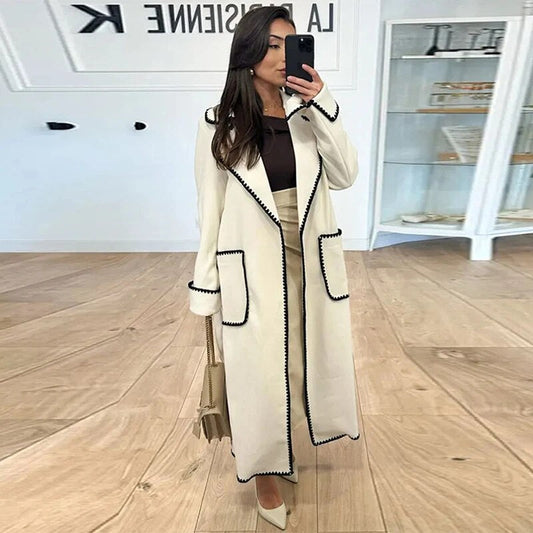 Abrigo Largo Con Costuras En Contraste Y Bolsillos Para Mujer | Ideal Para Otoño E Invierno