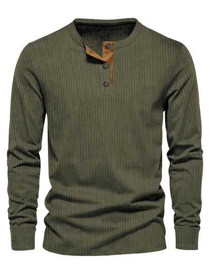 Camisa Con Cuello Henley De Tres Botones Y Rayas Verticales Para Hombre | Ideal Para Uso Diario