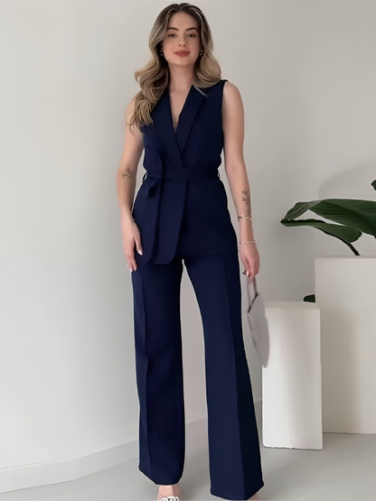 Conjunto De Dos Piezas Con Blazer Sin Mangas Y Pantalón De Talle Alto Para Adultos | Ideal Para Trabajo Y Eventos