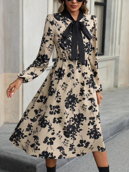 Vestido Midi Con Estampado Floral Y Cuello Con Lazo Para Mujer | Ideal Para Uso Diario Y Ocasiones Sociales