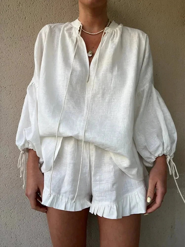Conjunto Dos Piezas con Top Amplio y Short de Cintura Alta para Mujer | Ideal para Días de Verano