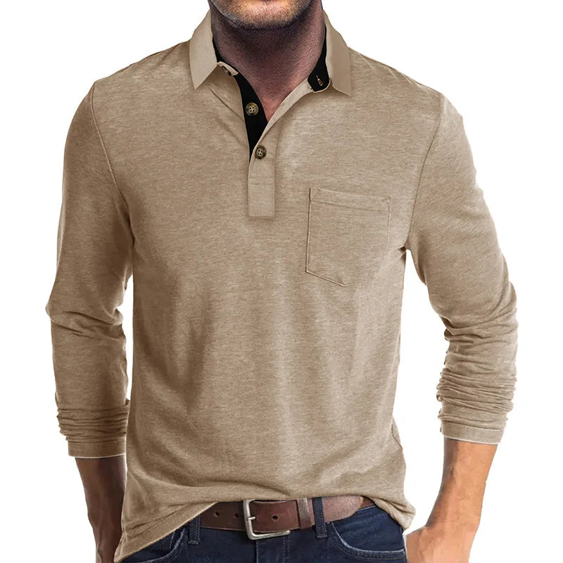 Camisa De Manga Larga Con Col Interior Contrastado Y Bolsillo En El Pecho Para Hombre | Ideal Para Uso Profesional E Informal