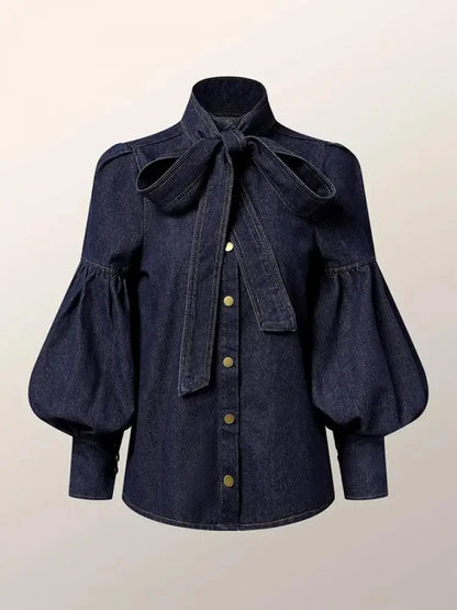 Blusa Con Efecto Denim Y Cuello Alto Para Mujer | Ideal Para Uso Diario Y Profesional