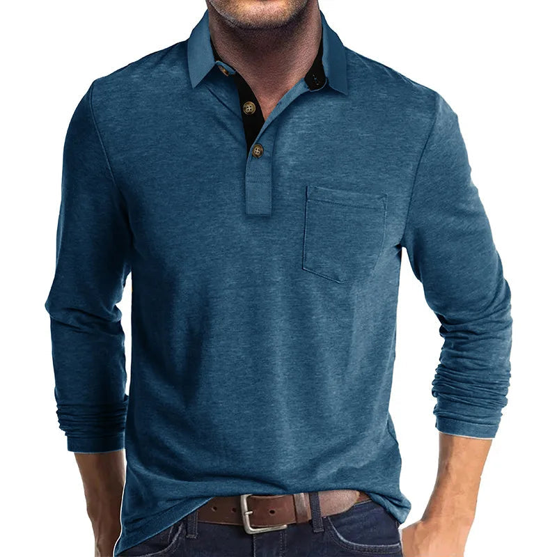Camisa De Manga Larga Con Col Interior Contrastado Y Bolsillo En El Pecho Para Hombre | Ideal Para Uso Profesional E Informal