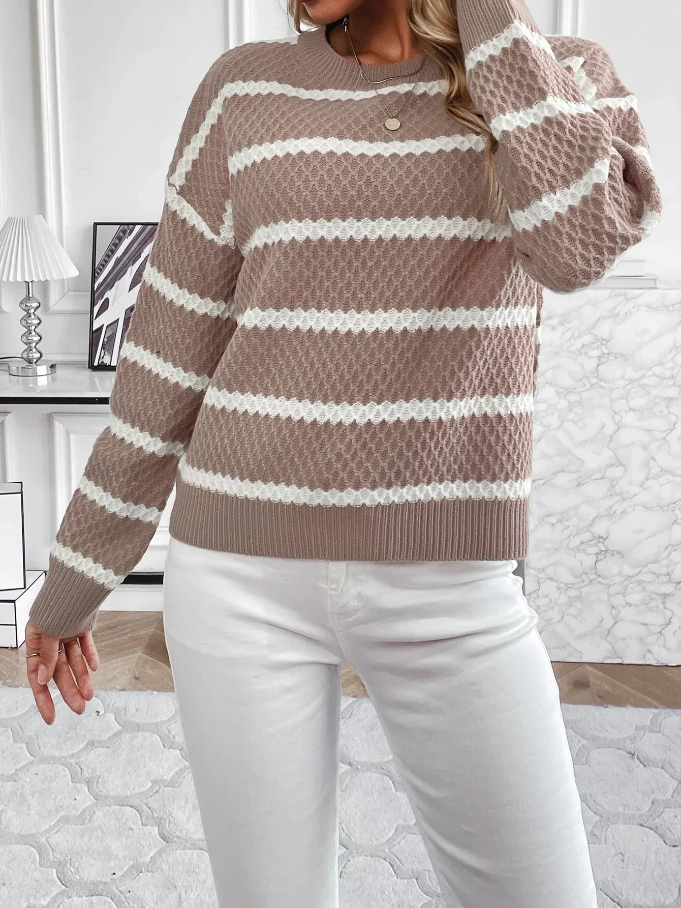 Jersey Con Rayas, Cuello Redondo Y Mangas Largas Para Mujer | Ideal Para Uso Diario En Temporadas Frescas