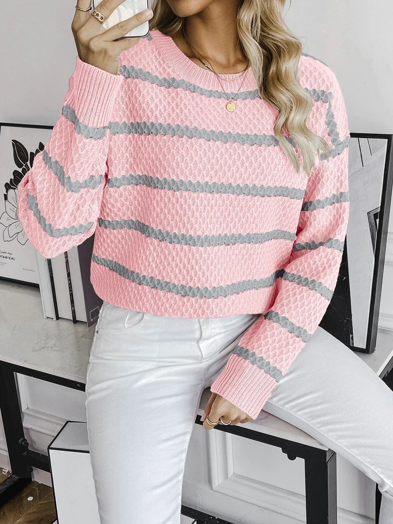 Jersey Con Rayas, Cuello Redondo Y Mangas Largas Para Mujer | Ideal Para Uso Diario En Temporadas Frescas