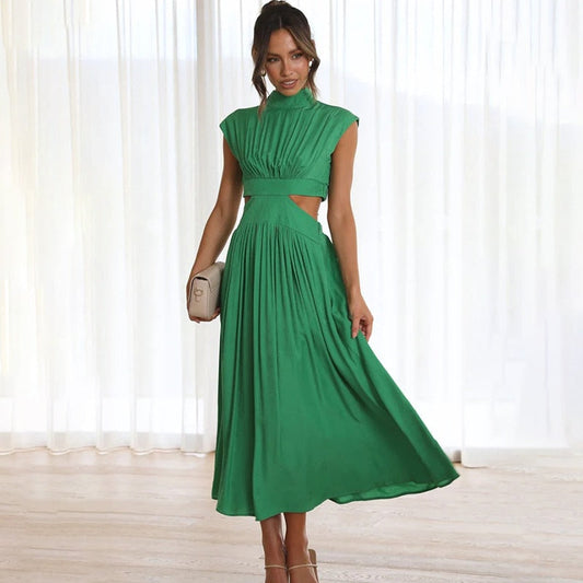 Vestido Midi con Estructura Plisada y Col Alto para Mujer | Ideal para Uso Diario u Ocasiones