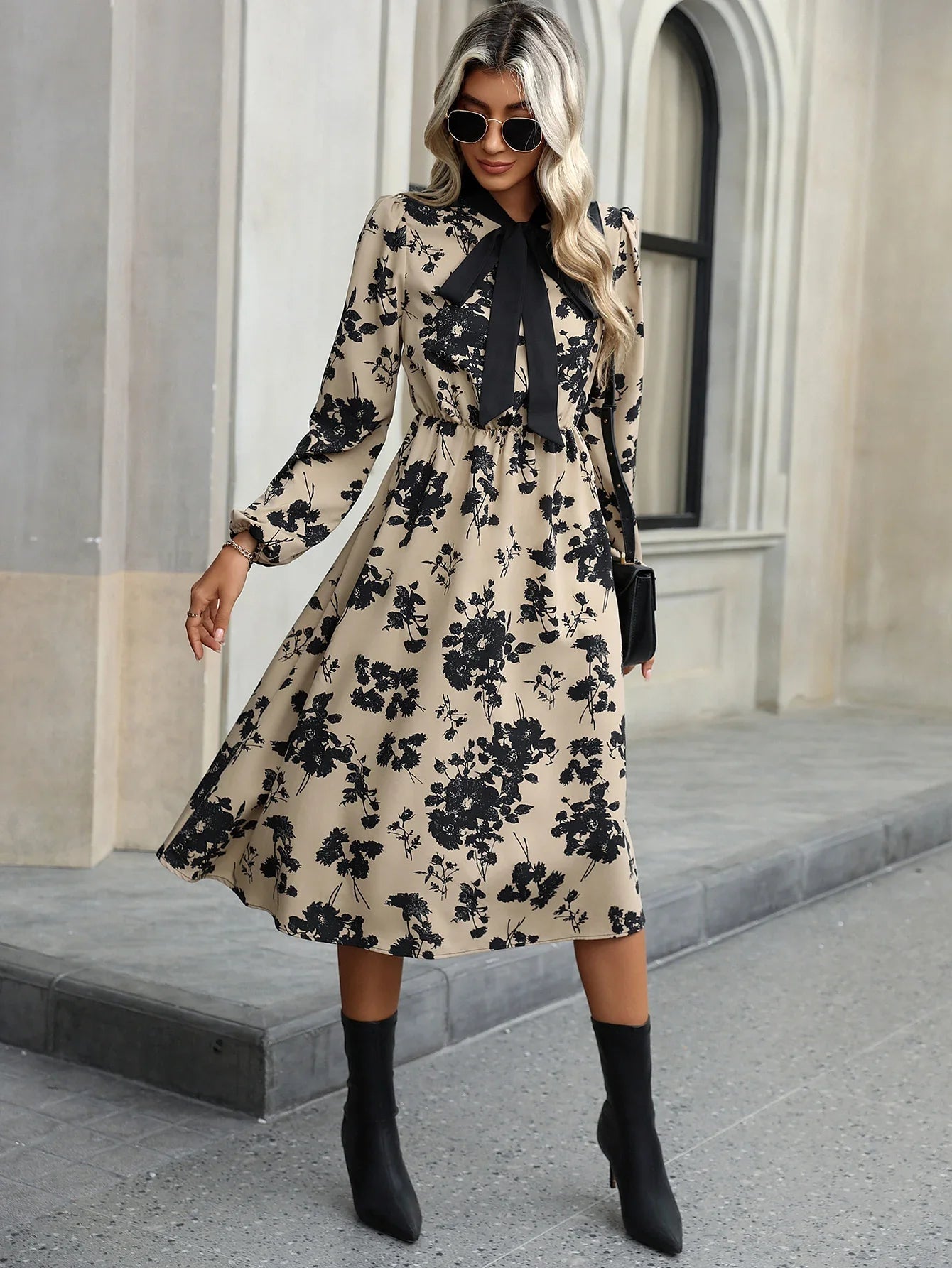 Vestido Midi Con Estampado Floral Y Cuello Con Lazo Para Mujer | Ideal Para Uso Diario Y Ocasiones Sociales