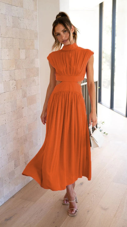 Vestido Midi con Estructura Plisada y Col Alto para Mujer | Ideal para Uso Diario u Ocasiones
