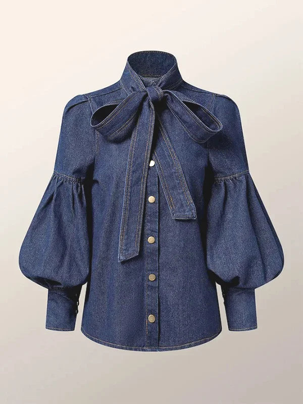 Blusa Con Efecto Denim Y Cuello Alto Para Mujer | Ideal Para Uso Diario Y Profesional