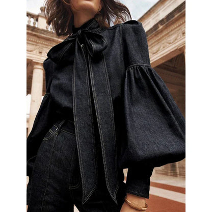 Blusa Con Efecto Denim Y Cuello Alto Para Mujer | Ideal Para Uso Diario Y Profesional
