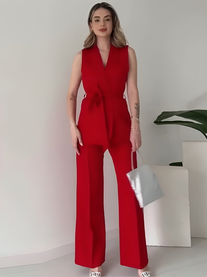 Conjunto De Dos Piezas Con Blazer Sin Mangas Y Pantalón De Talle Alto Para Mujer | Ideal Para Uso Profesional Y Diario