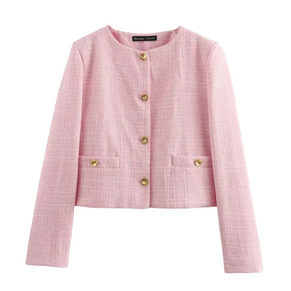 Blazer Corto con Cuello Redondo y Color Rosa para Mujer | Ideal para Oficina y Uso Diario