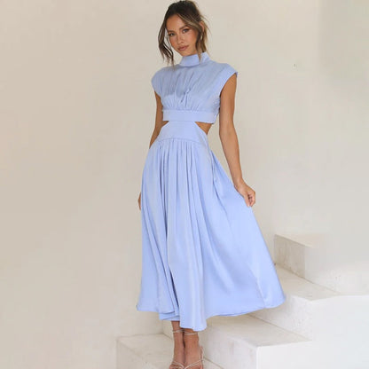 Vestido Midi con Estructura Plisada y Col Alto para Mujer | Ideal para Uso Diario u Ocasiones