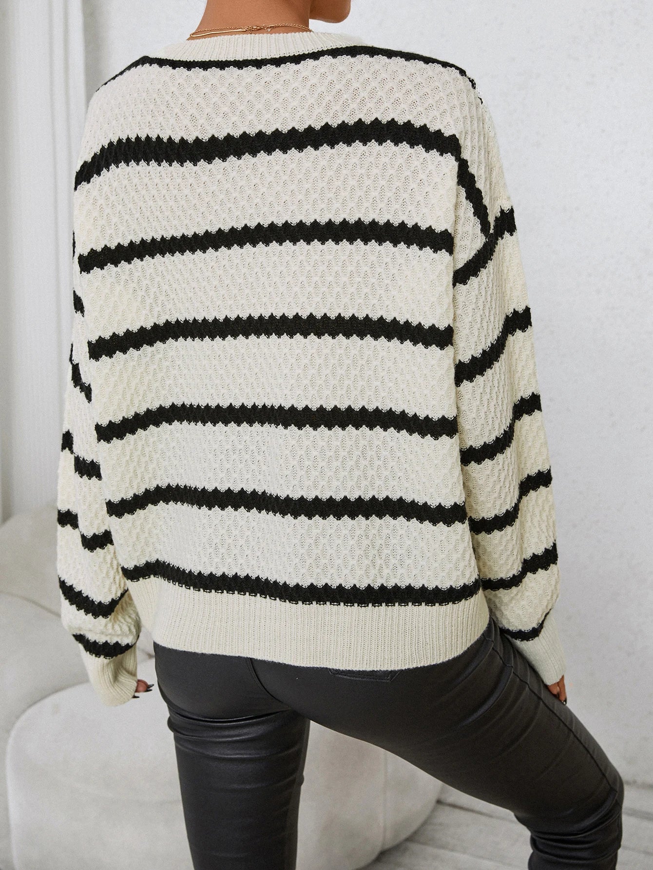 Jersey Con Rayas, Cuello Redondo Y Mangas Largas Para Mujer | Ideal Para Uso Diario En Temporadas Frescas