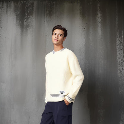 Jersey De Manga Larga Con Cuello Redondo Y Diseño Para Superposición Para Hombres | Ideal Para Uso Diario