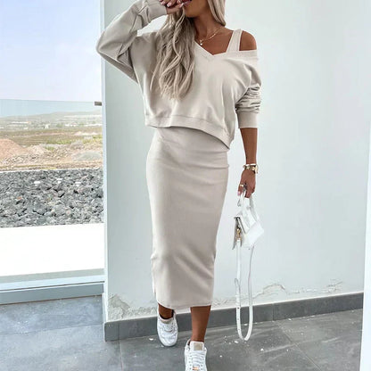 Conjunto de Dos Piezas con Top Oversize y Falda Midi Ajustada para Mujer | Ideal para Ciudad o Uso Informal