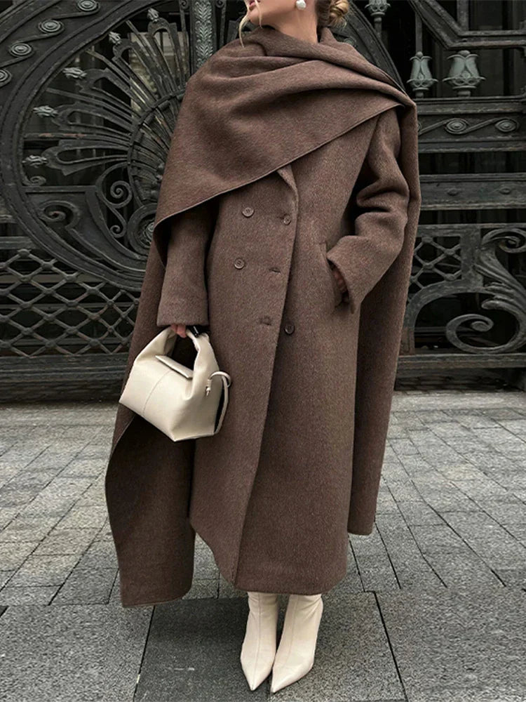 Abrigo largo con Cuello Tipo Bufanda y Cierre de Doble Botonadura para Mujer | Ideal para Otoño e Invierno