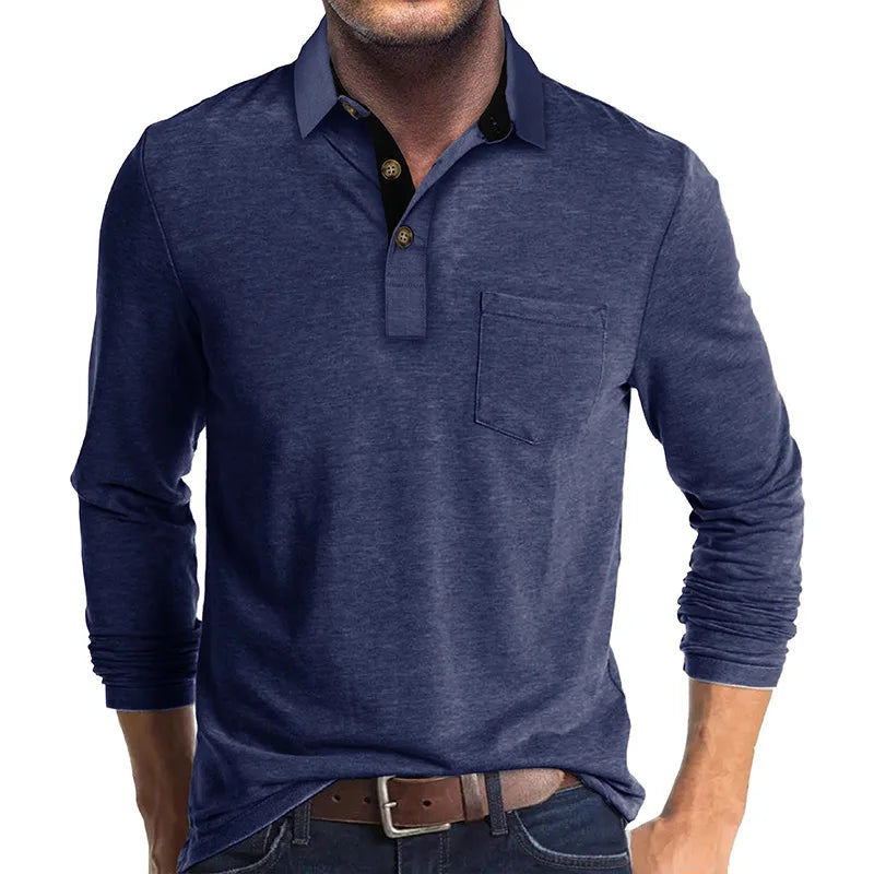 Camisa De Manga Larga Con Col Interior Contrastado Y Bolsillo En El Pecho Para Hombre | Ideal Para Uso Profesional E Informal