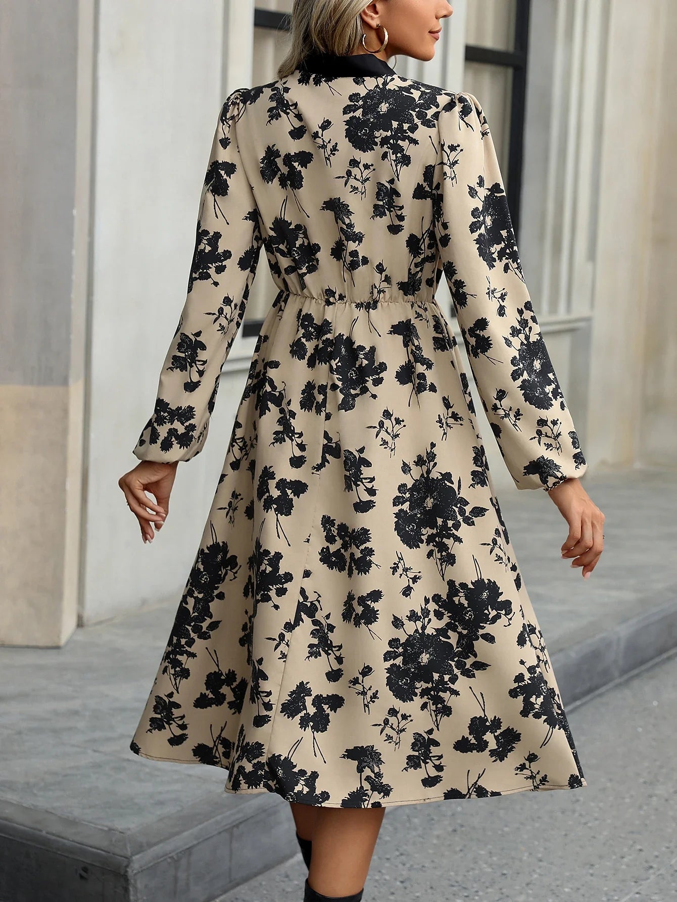 Vestido Midi Con Estampado Floral Y Cuello Con Lazo Para Mujer | Ideal Para Uso Diario Y Ocasiones Sociales