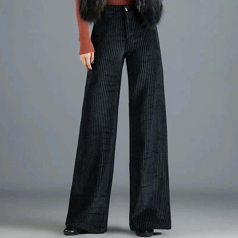 Pantalón Ancho de Talle Alto con Textura Cotelé para Mujer | Ideal para Oficina o Salidas