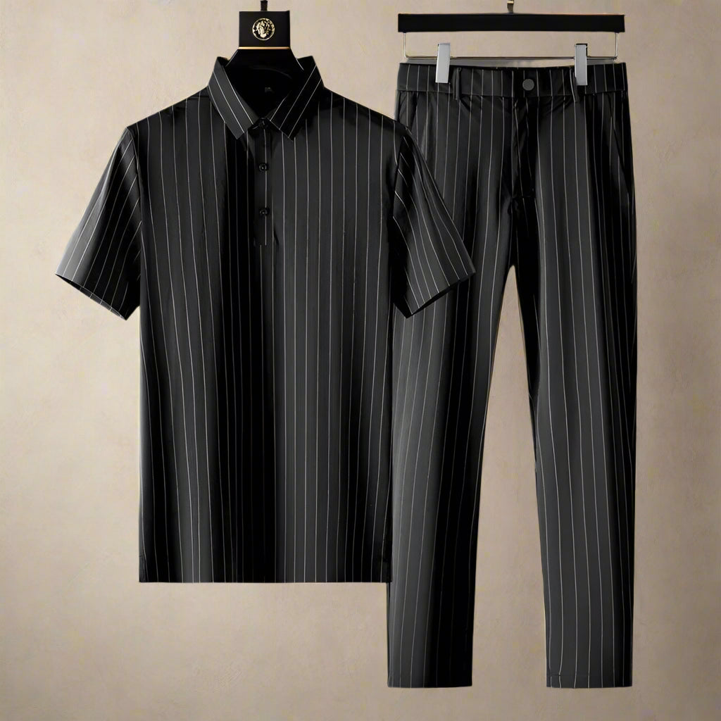 Conjunto de Dos Piezas con Camisa de Rayas Verticales y Pantalón con Cintura Elástica para Hombre | Ideal para Uso Diario o Profesional