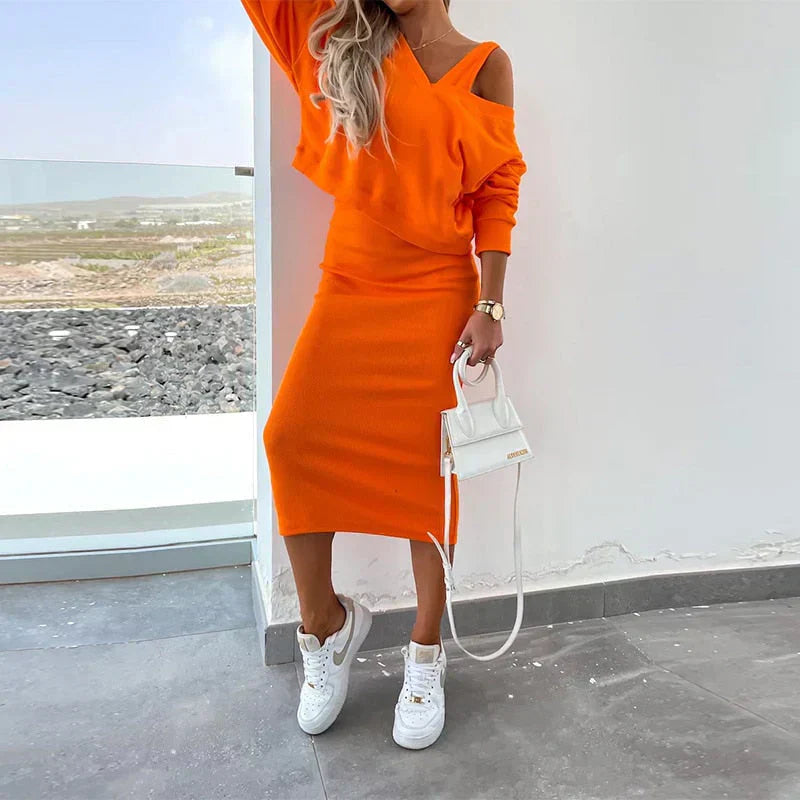 Conjunto de Dos Piezas con Top Oversize y Falda Midi Ajustada para Mujer | Ideal para Ciudad o Uso Informal