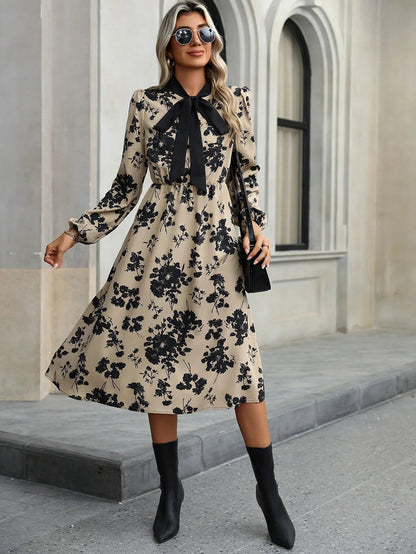 Vestido Midi Con Estampado Floral Y Cuello Con Lazo Para Mujer | Ideal Para Uso Diario Y Ocasiones Sociales