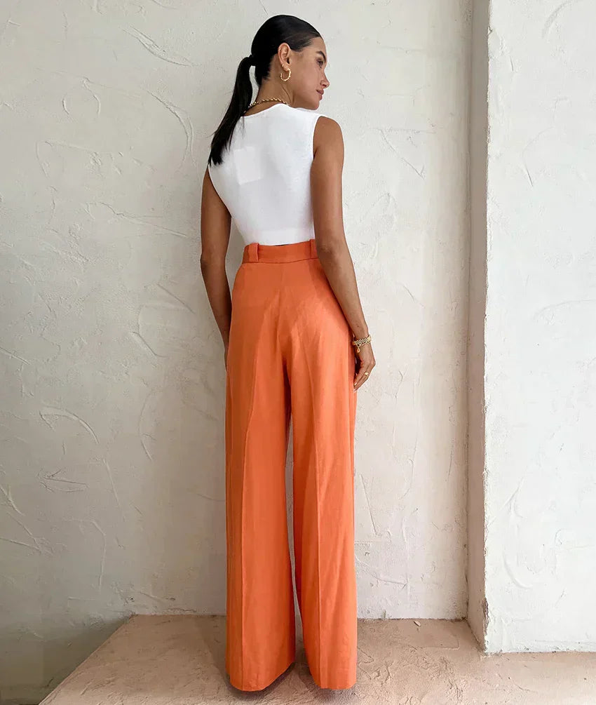 Pantalón De Cintura Alta Con Piernas Anchas Y Pliegues Para Mujer | Ideal Para Uso Diario